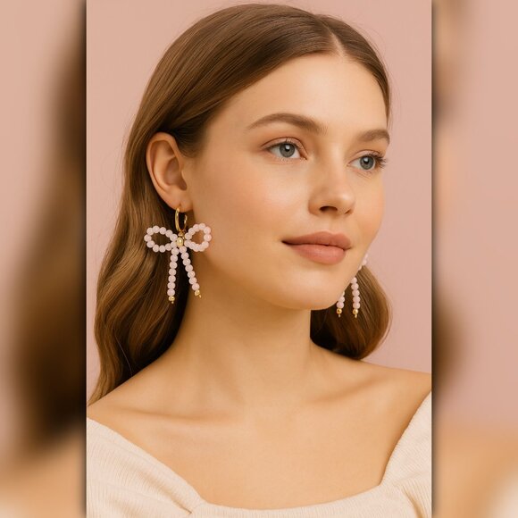 A260-B ✽ Beaded Bow Earrings–18K Gold Stainless Steel - Picture 1 of 5